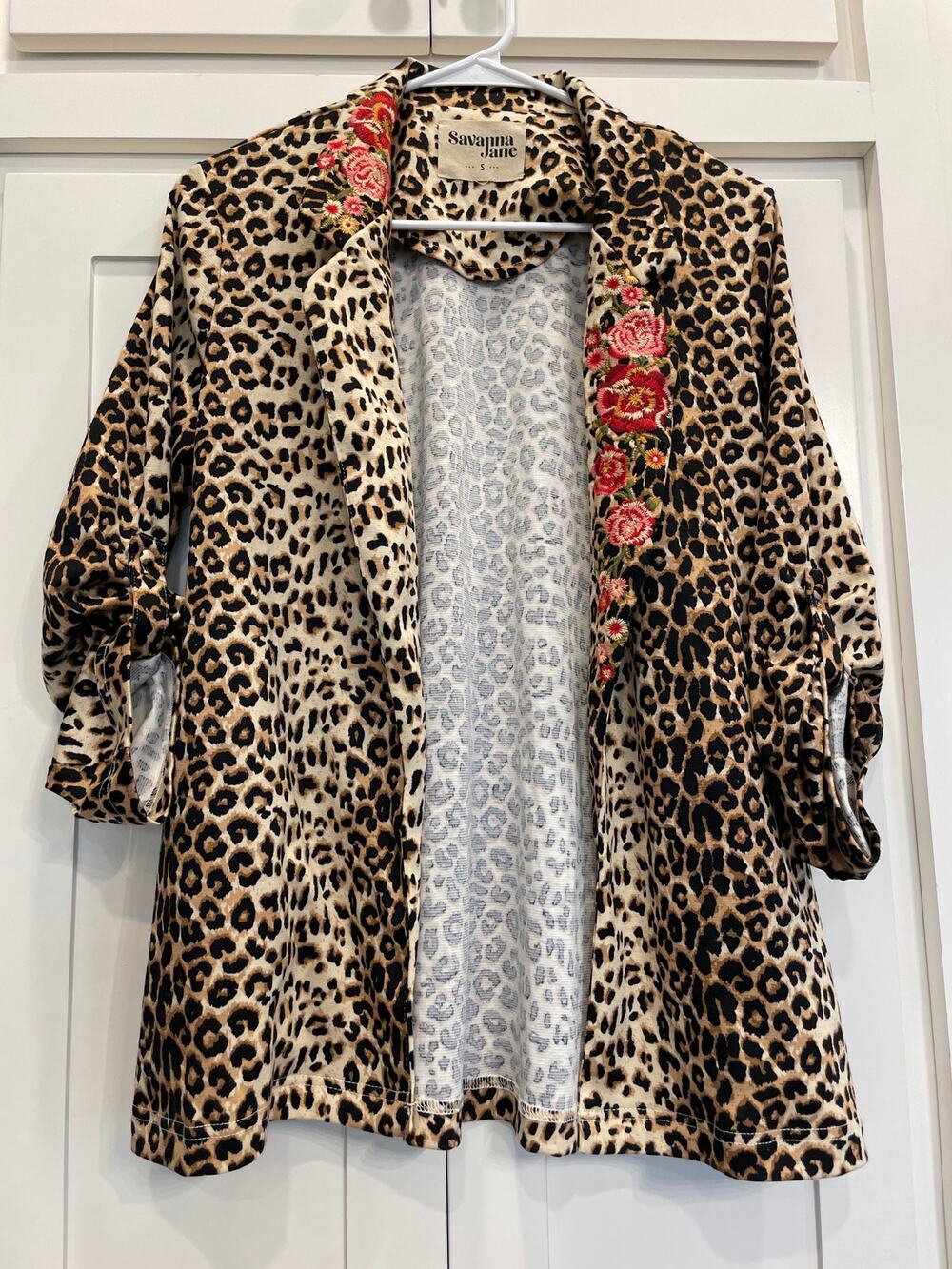 Savannah Jane Leopard Floral knit roll tab sleeve blazer S